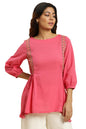 W Pink Textured Cotton Tunic Top For Women