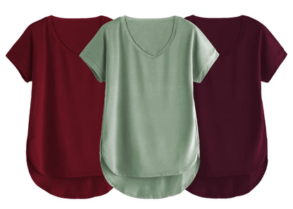 Fabricorn Combo Of Three Plain Maroon, Sage Green And Wine V-Neck Up And Down Cotton Tshirt For Women (Maroon, Sage Green, Wine,