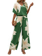 Shasmi Womens Casual Elegant Green Floral Printed Batwing V-Neck Blouse, Sleeve Shirt, Wide Long Pants for Ladies 2pcs/Set, Spr