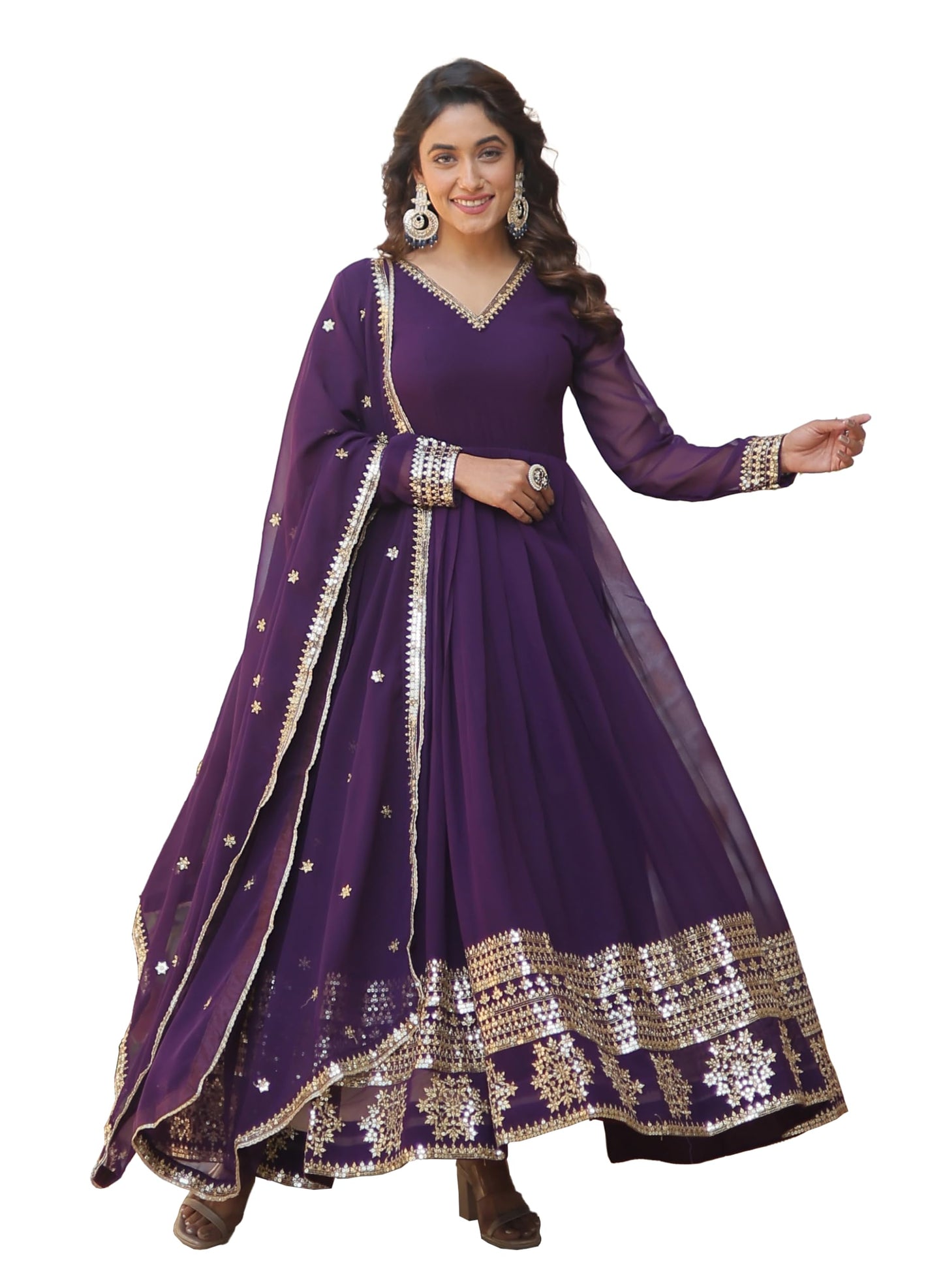 Fashion Basket Havy Georgette Embroidered Anarkali Dress For Women Purple