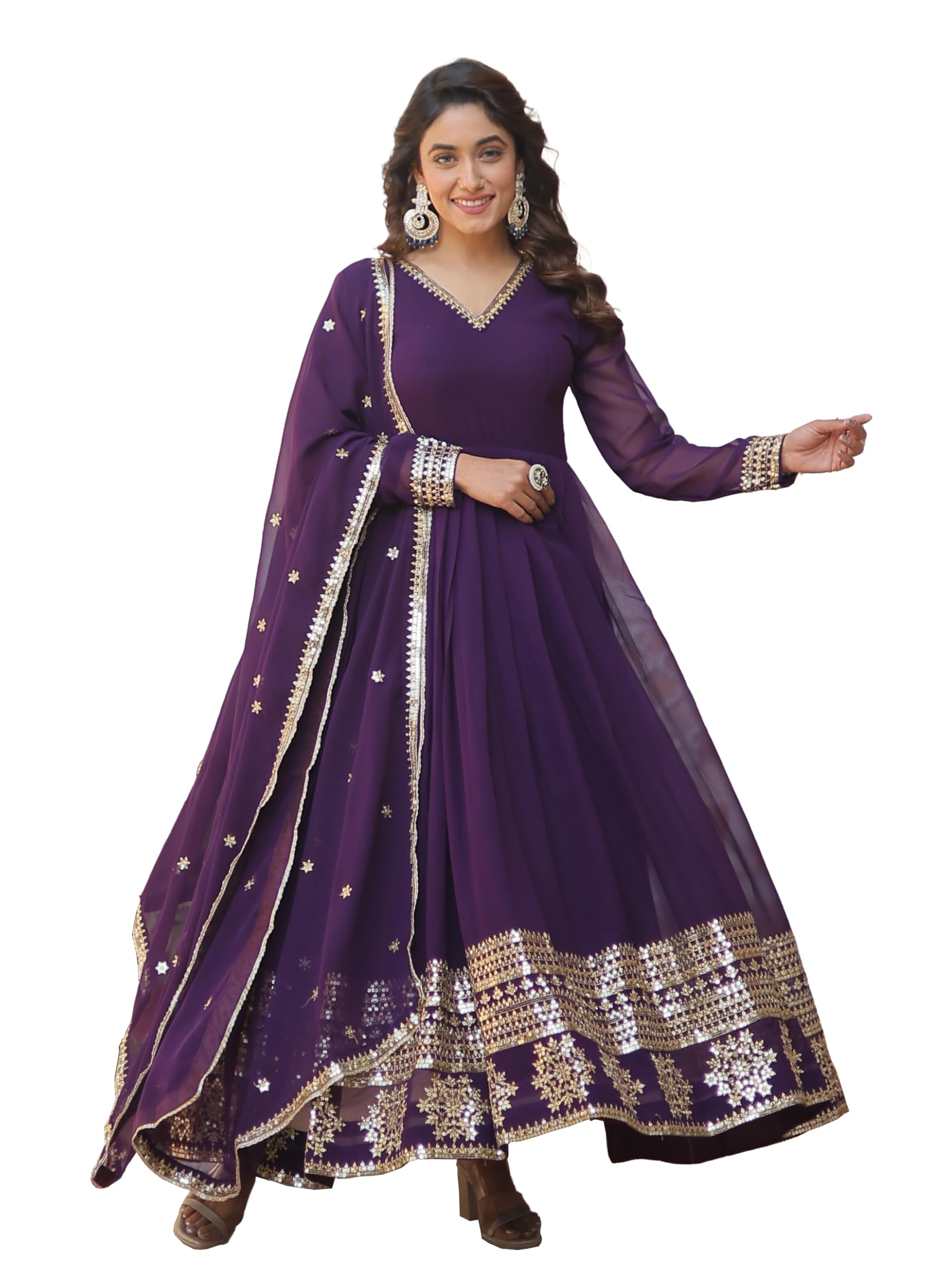 Fashion Basket Havy Georgette Embroidered Anarkali Dress For Women Purple