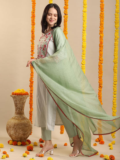Gosriki WomenS Rayon Blend Embroidered Straight Kurta With Pant & Dupatta (Farigup-Green-Vks01-Gs_L_Green_Large)