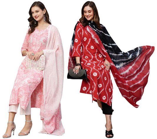 ANNI DESIGNER Women Cotton Blend Kurti with Pant and Dupatta Pack Of 2
