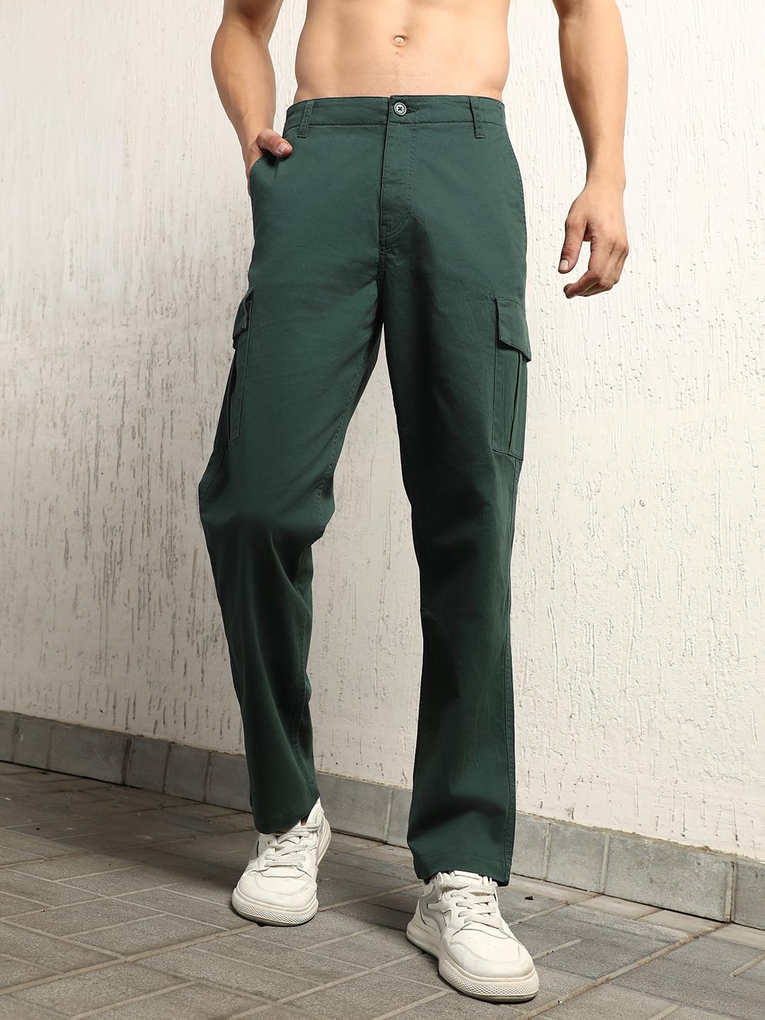 Hubberholme Men Smart Casual Summer Cotton Loose Fit Mid-Rise Trousers 60 Green