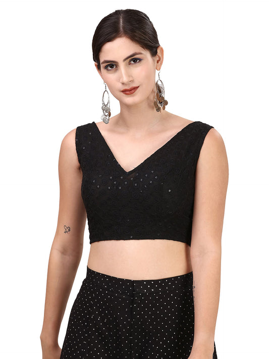 OOMPH! Womens Indian Ethnic Wear Designer Round Leaf Pattern V Neck Sleeveless Cotton Black Blouse for Saree or Lehnga and Blou