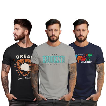 Peppyzone S to 5XL Stylish Printed Cotton Round Neck Tshirt for Men - 100% Cotton, Half Sleeve, Combo Pack of 3 T Shirts for Men