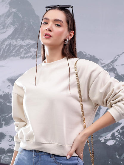 Kotty WomenS Fleece Sweatshirt Solid Pattern With Classic Round Neck(White,Xl)