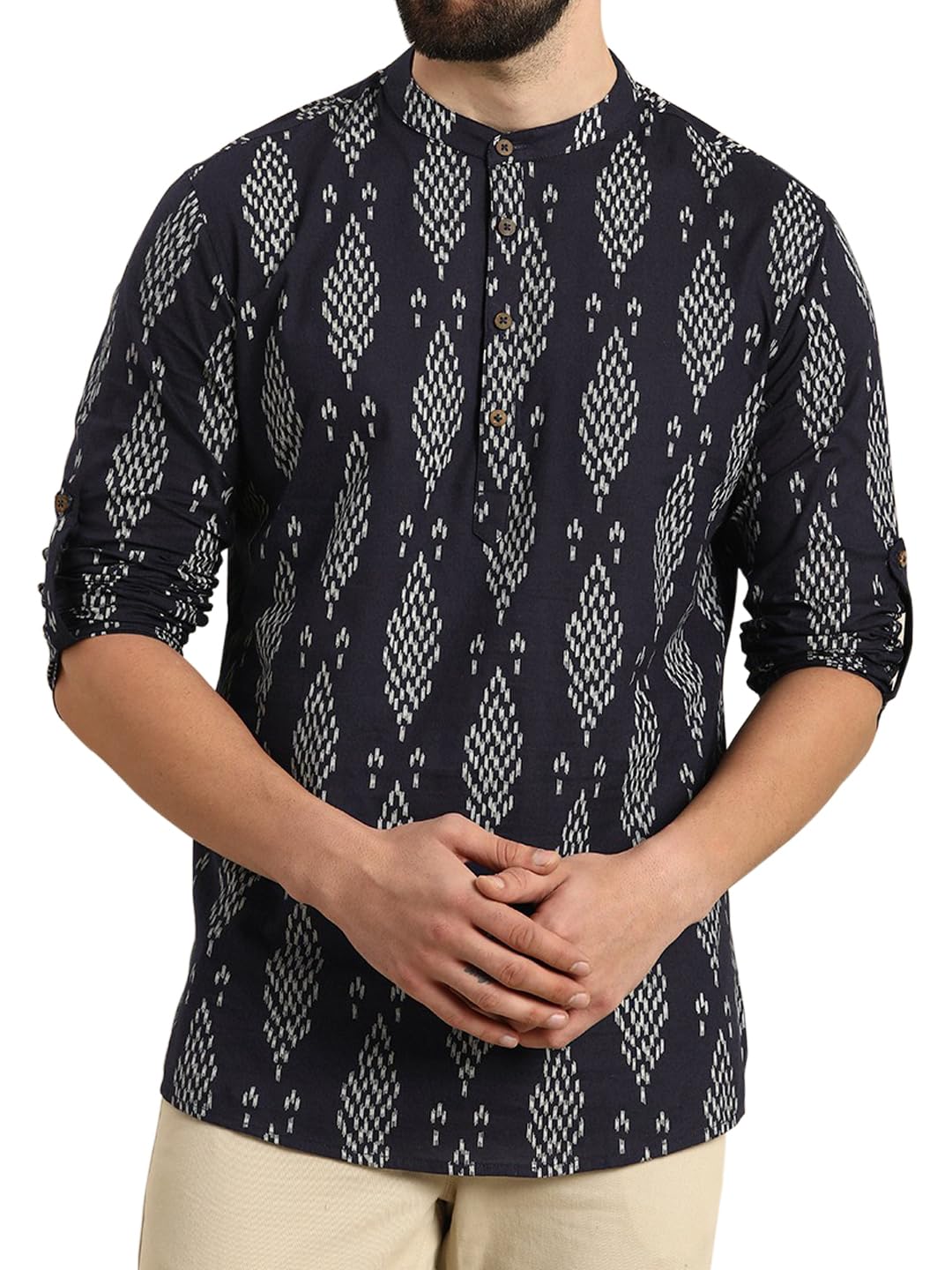 Zombom MenS Cotton Blend Solid Regular Fit Full Sleeve Printed Short Kurta | Ethnic, Lightweight Summer Kurta For Daily & Occas