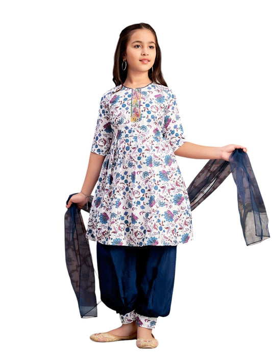Aarika Girls Ethnic Wear Teal-Blue-White Colour Floral Print Beads Work Polycrepe Kurti Patiala Set With Dupatta-3-13 Years (Pt-