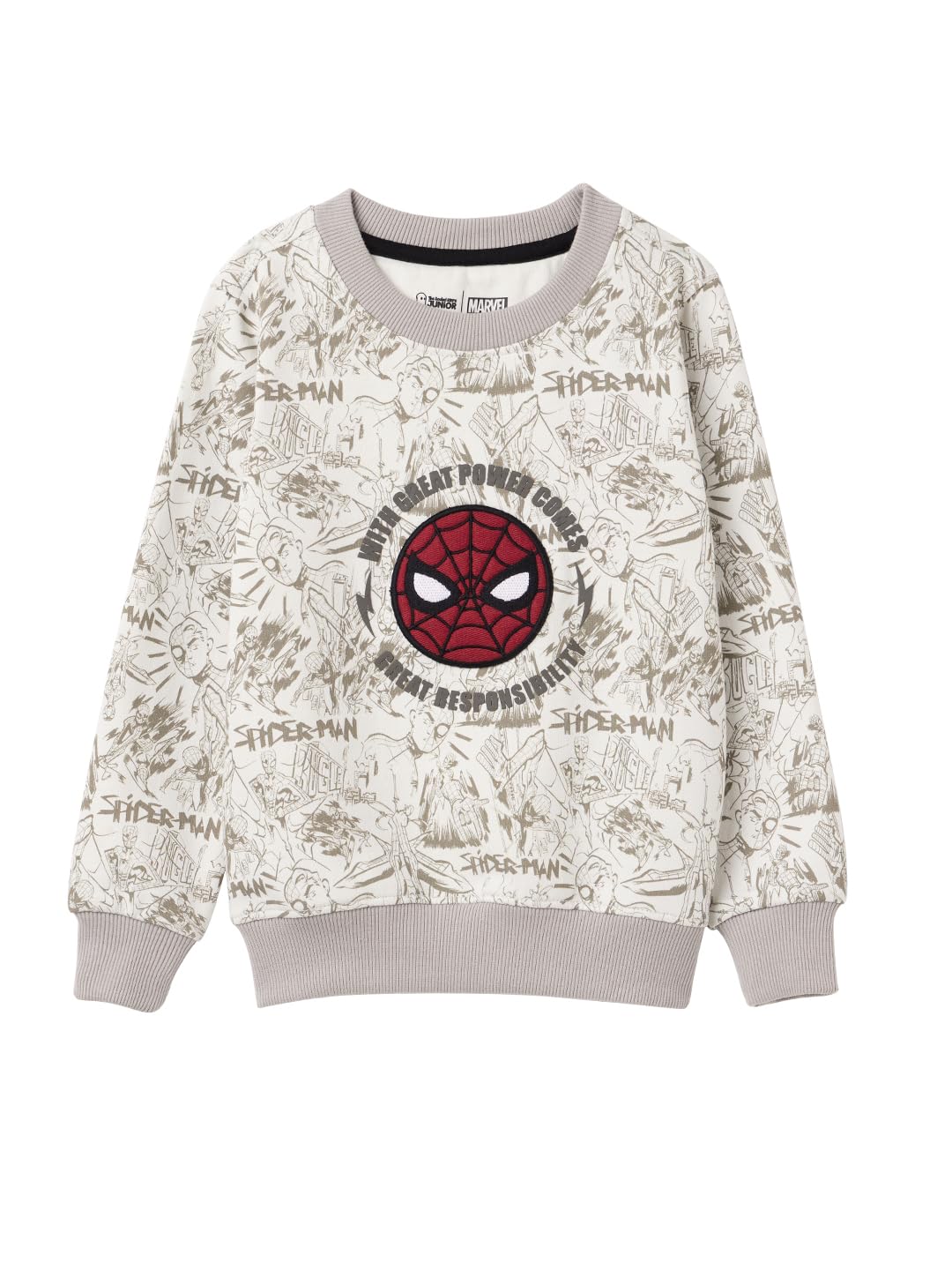 The Souled Store Official Spider-Man : Great Power Boys Long Sleeves Round Neck Color Blocked Regular Fit Cotton Sweatshirts Whi