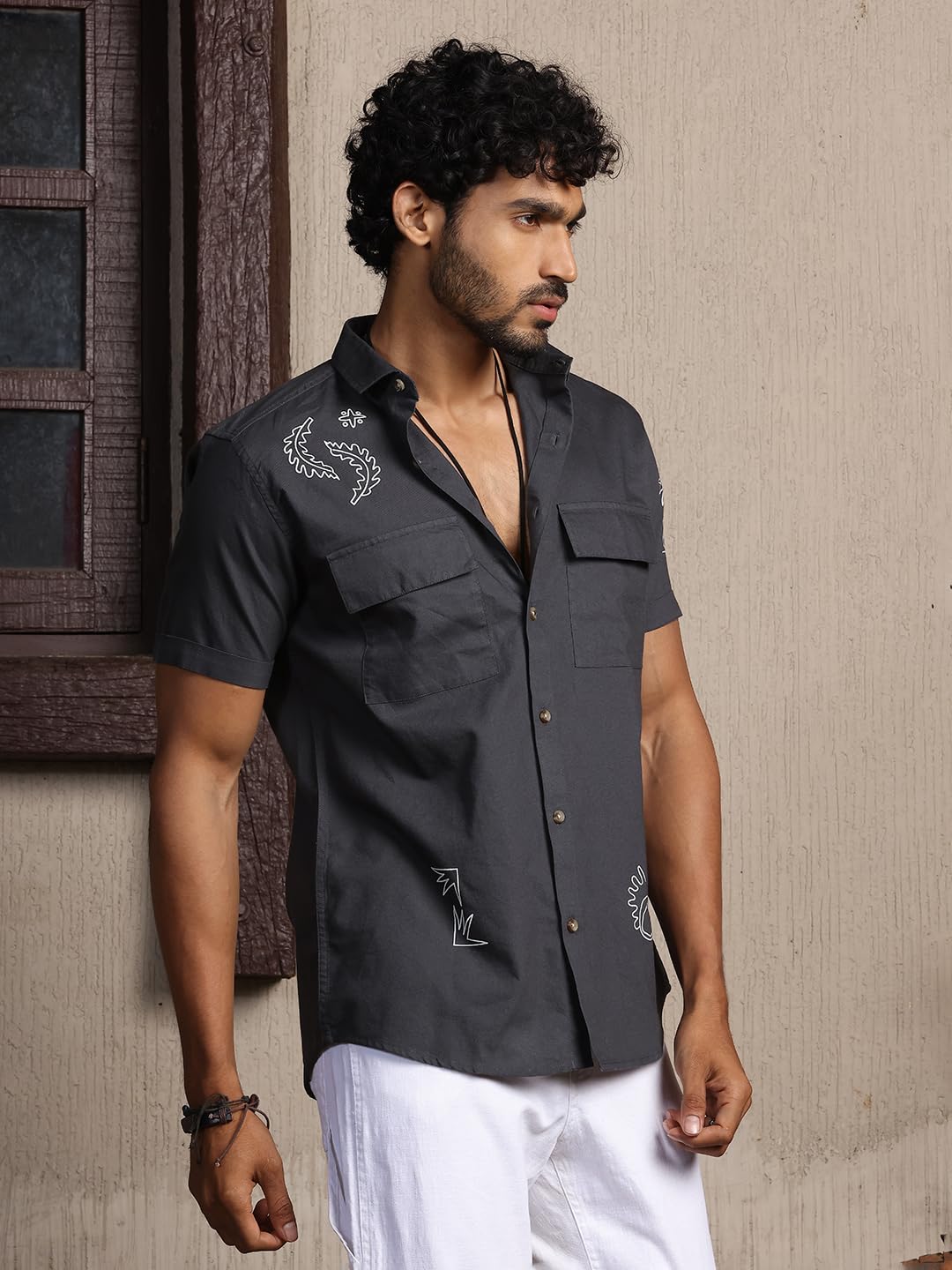 Thomas Scott Short Sleeve Double Pockets Self Printed Casual Shirts for Mens Grey