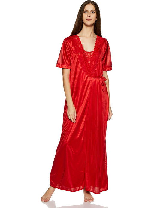 Clovia Womens 4 Pcs Satin Nightwear in Red - Robe, Nightie, Top, Capri (NSM236G04_Red_Free Size)