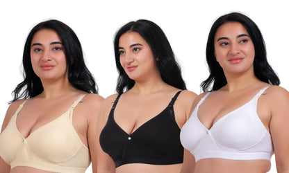 Fabme WomenS Cotton Wire Free Casual Nursing Bra (Pack Of 3) (Po3-Br_243_Skin, White, Black