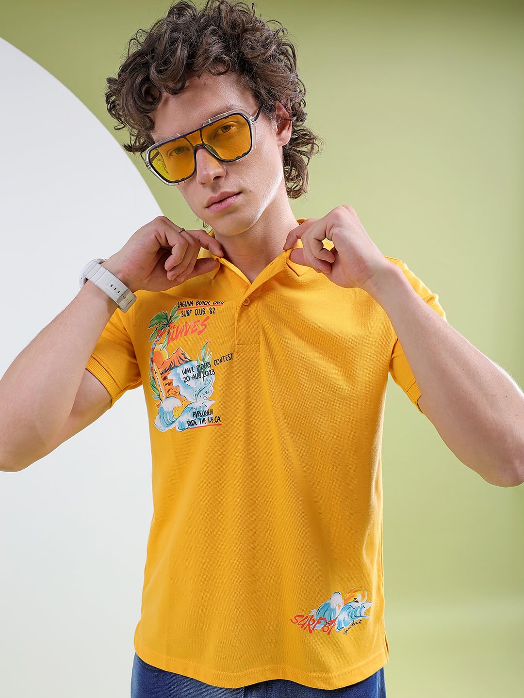 The Indian Garage Co Men Slim Fit Placement Print Polo Collar Tshirt Yellow