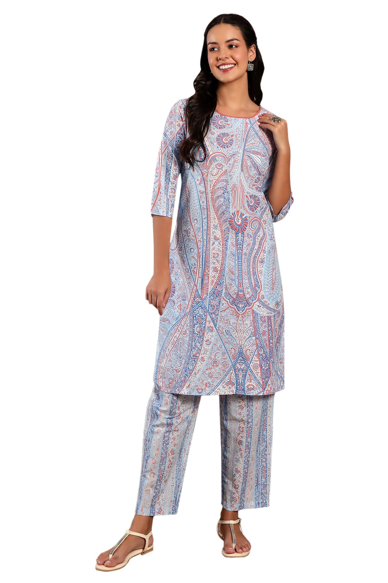 W For Woman Light Blue Paisley Printed Kurta Co-Ord Set