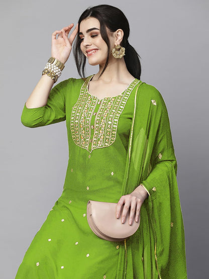 GoSriKi Womens Cotton Blend Embroidered Straight Kurta with Pant & Dupatta (Kasturi Begani-NGT-GS_M_Blue_Medium)