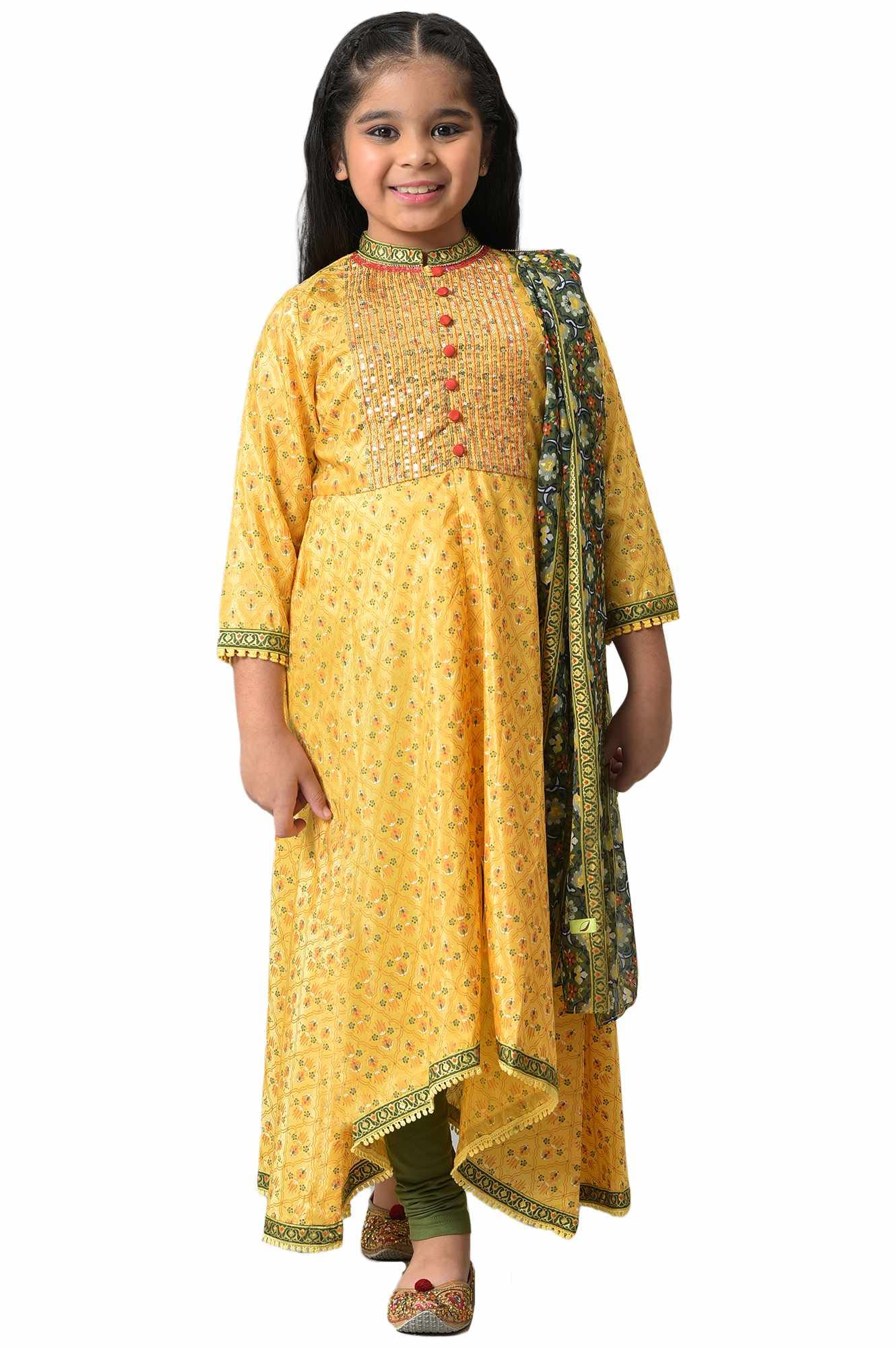 Aurelia Girl's Polyester Kurta-Tights-Dupatta (22AUG10147A-505690_Yellow