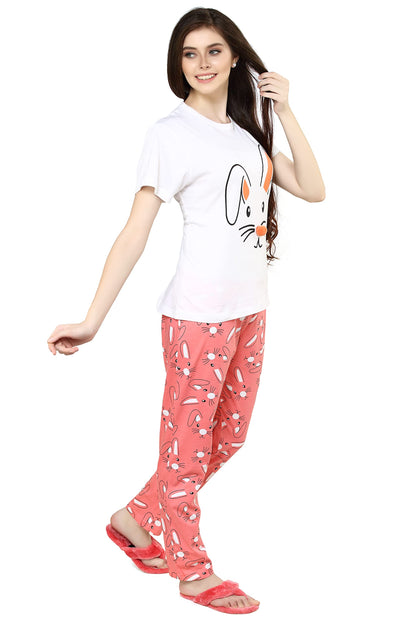 Evolove WomenS Cotton Knitted Round Neck Short Sleeves Night Suit Set/Top Pyjama Set Super Soft Comfortable (White & Peach, Nps