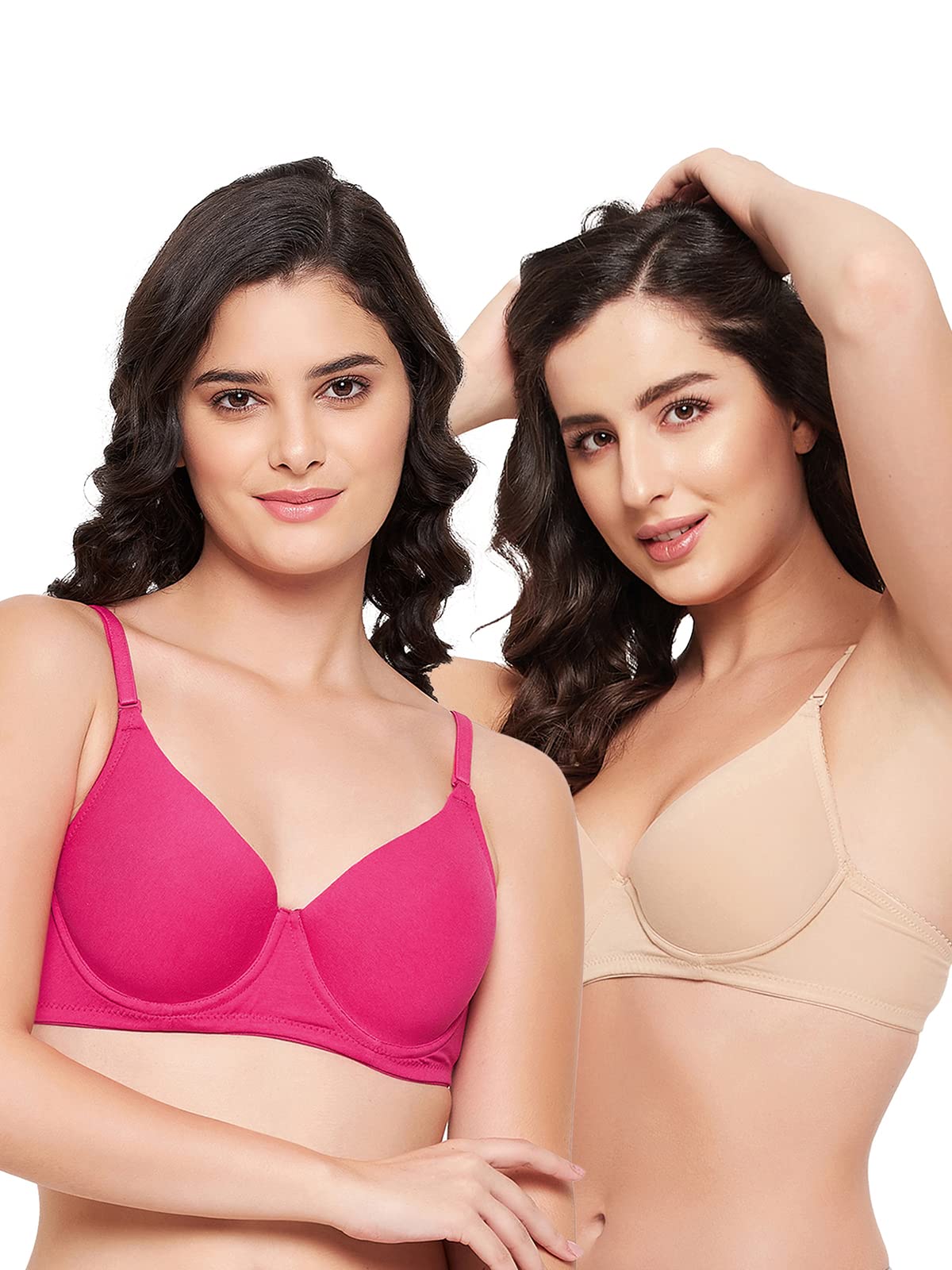 Clovia Womens Pack of 2 Cotton Level 1 Push-up Underwired Demi Cup Multiway T-Shirt Bra (COMBR1065_Hot Pink,Beige_40B)