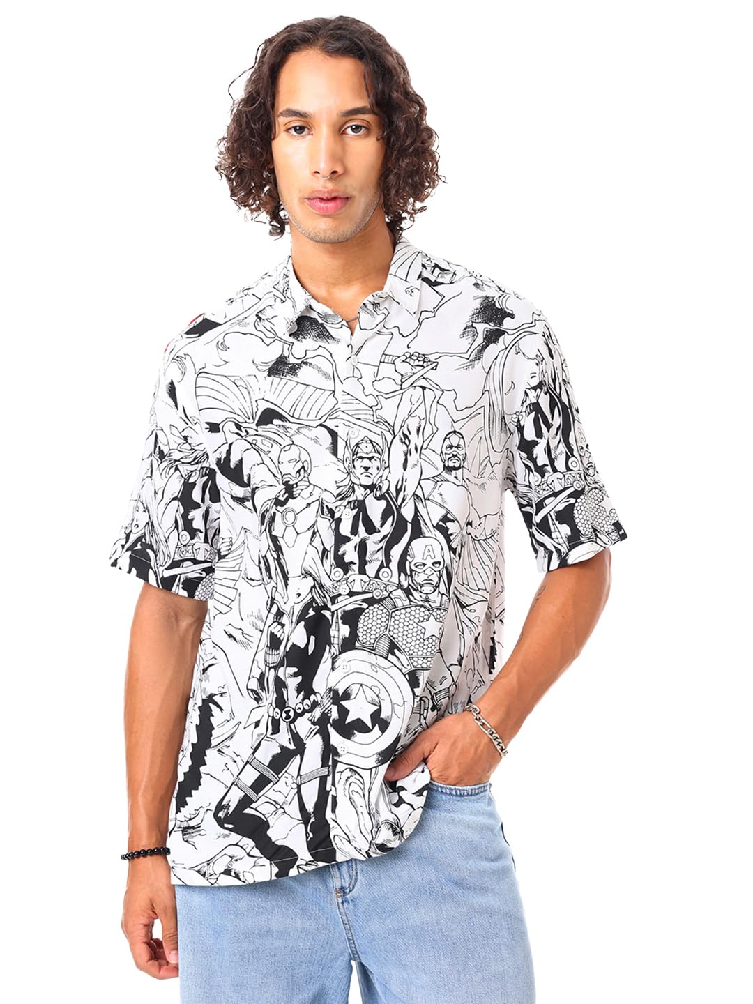 Bewakoof Official Marvel Merchandise Mens All Over Printed Oversized Shirt_586204_White_XL