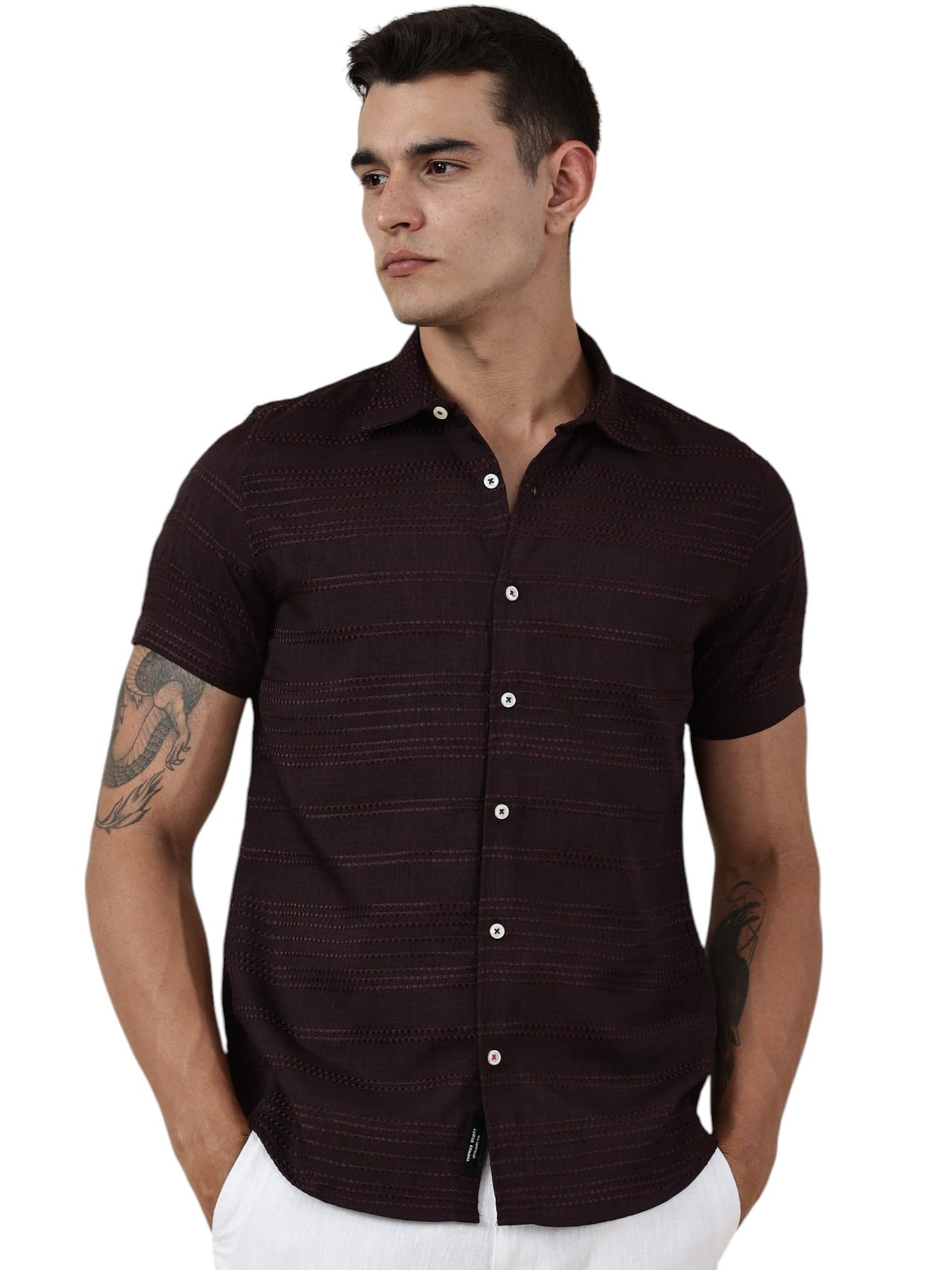 Thomas Scott Short Sleeve Embroderied Casual Shirt for Men Wine