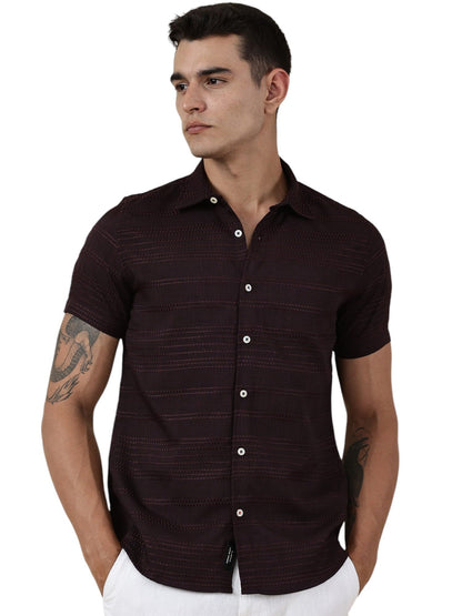 Thomas Scott Short Sleeve Embroderied Casual Shirt for Men Wine