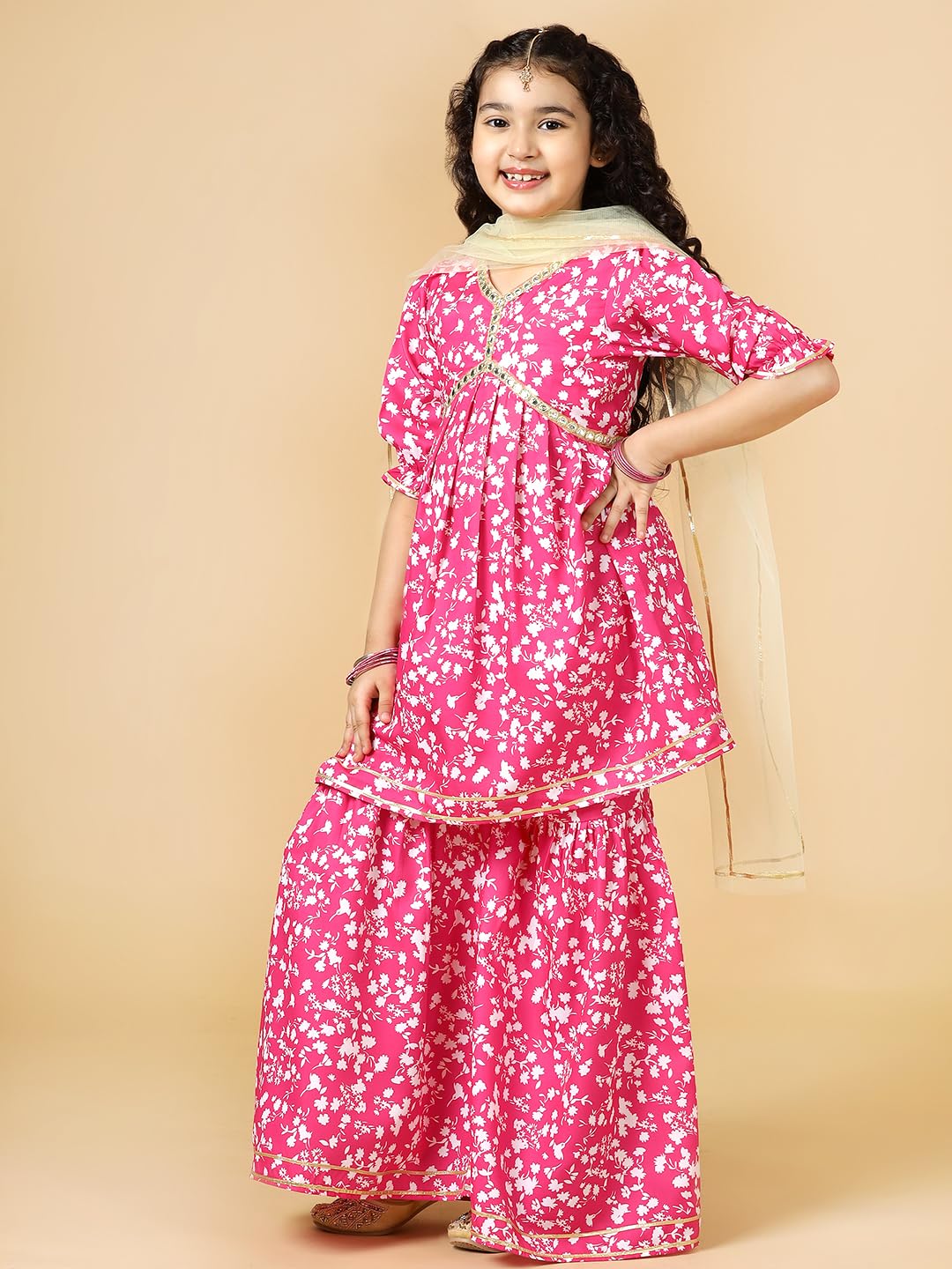 A.T.U.N. (ALL THINGS UBER NICE) Fuchsia Floral Printed Kurti, Sharara with Dupatta Set for Girls