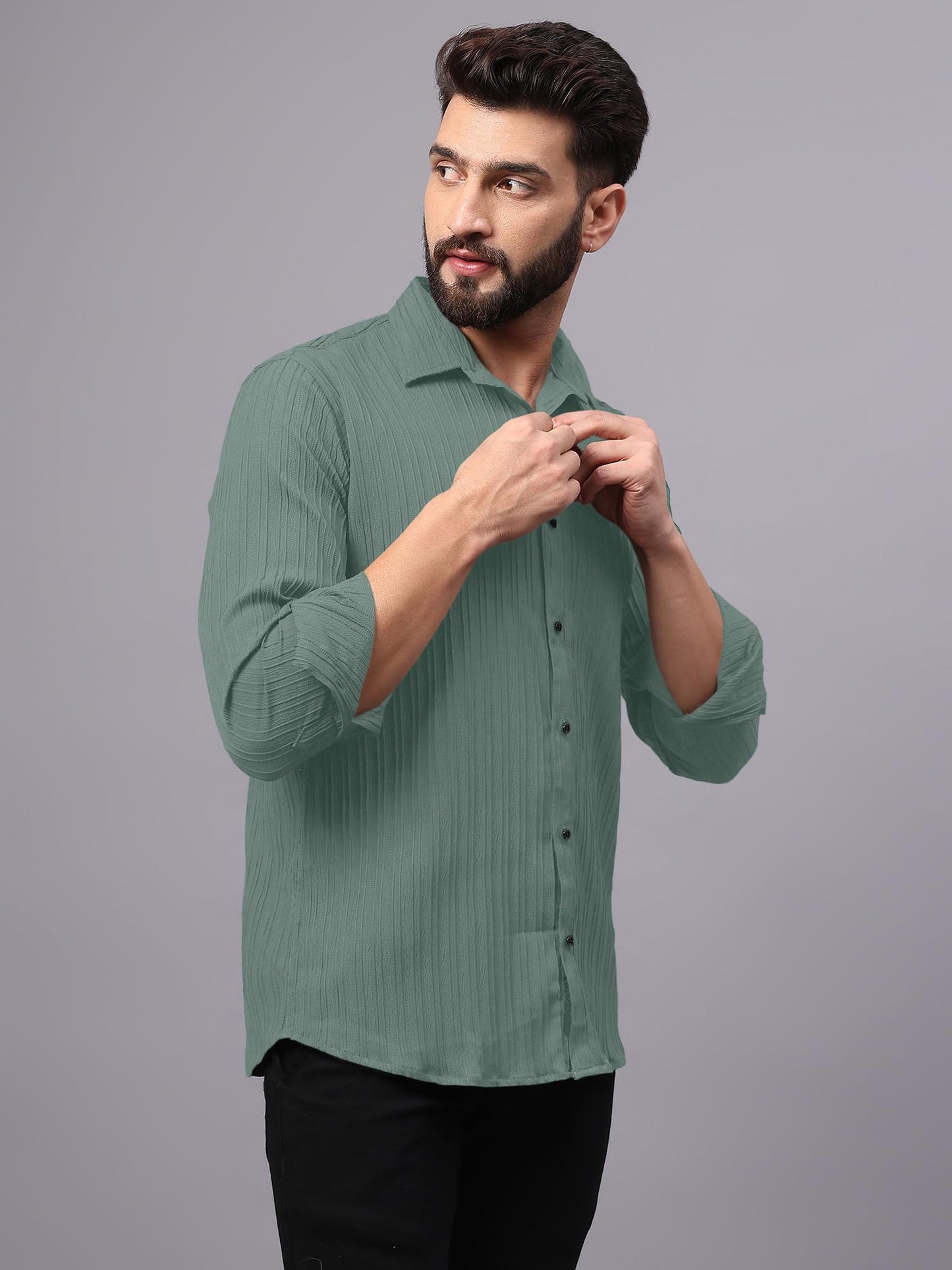 Finivo Fashion MenS Casual Button Down Shirts Long Sleeve Linen Shirt Fashion Textured Beach Summer Shirts Green