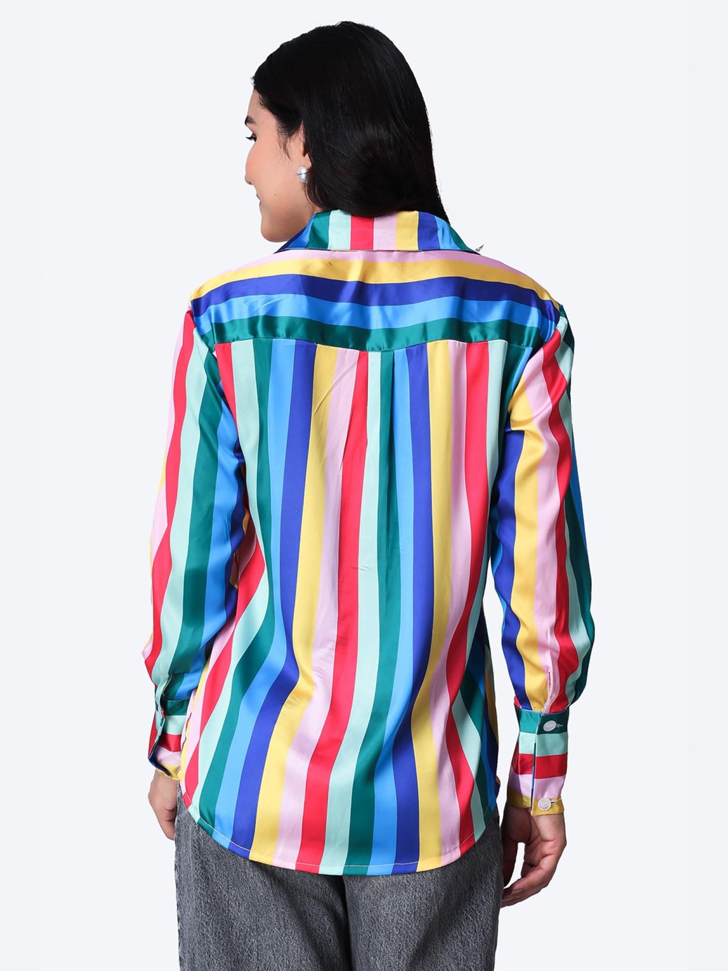 POPWINGS Printed Full-Sleeves Regular-Fit Satin Printed Shirt for Women Stylish Western Casual Wear Blue
