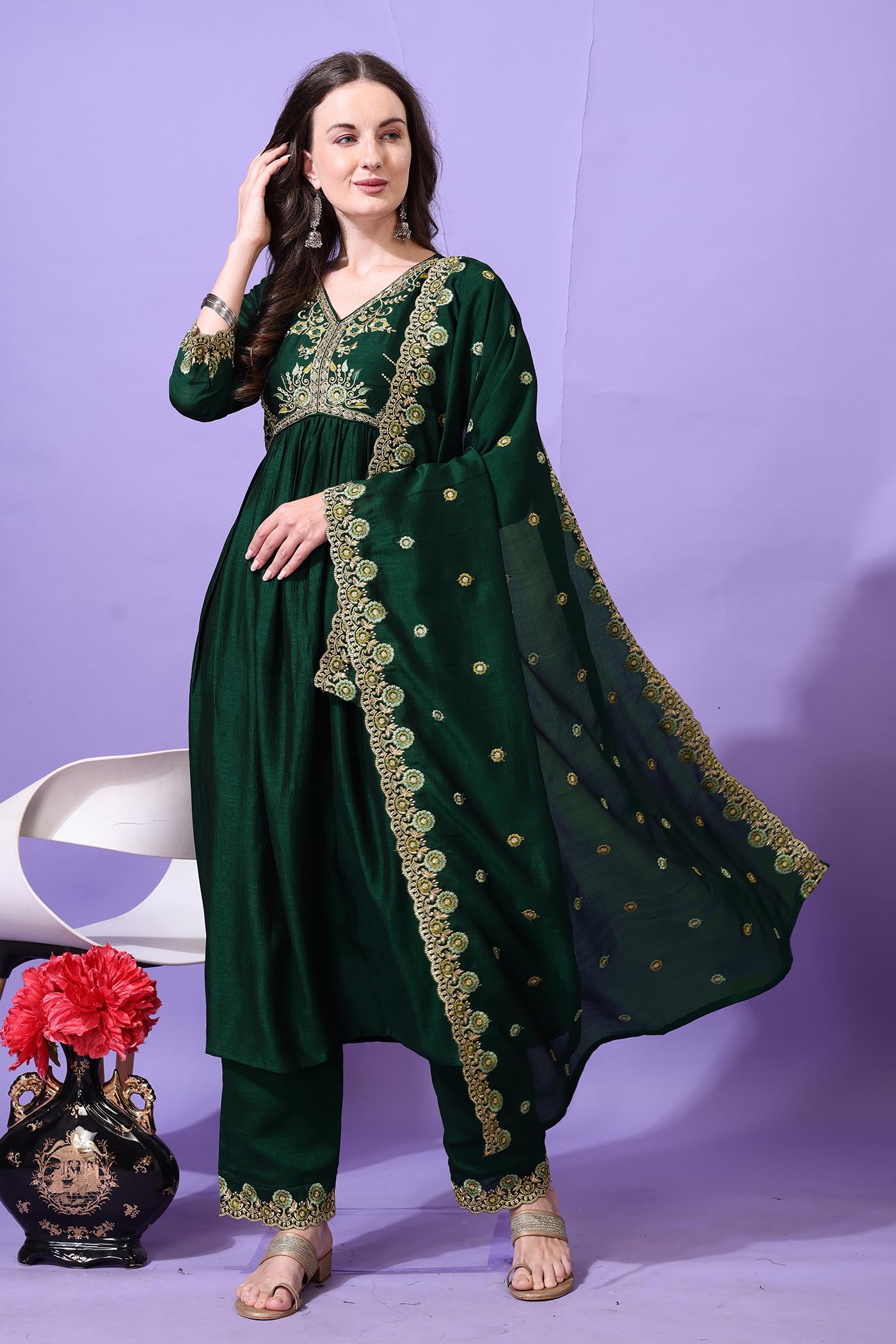 Pratham Blue WomenS Silk Embroidered Anarkali Kurta Palazzos With Dupatta |Kurta Set For Women |WomenS Kurta |Women Embroidere