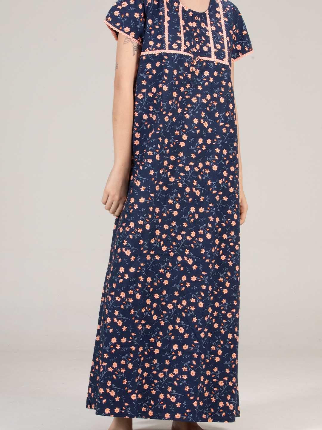 Evolove WomenS Cotton Long Maxi Night Gown Nighty Dress With Pocket & Stylish Button, Super Soft Comfortable (Blue & Pink, Lngc