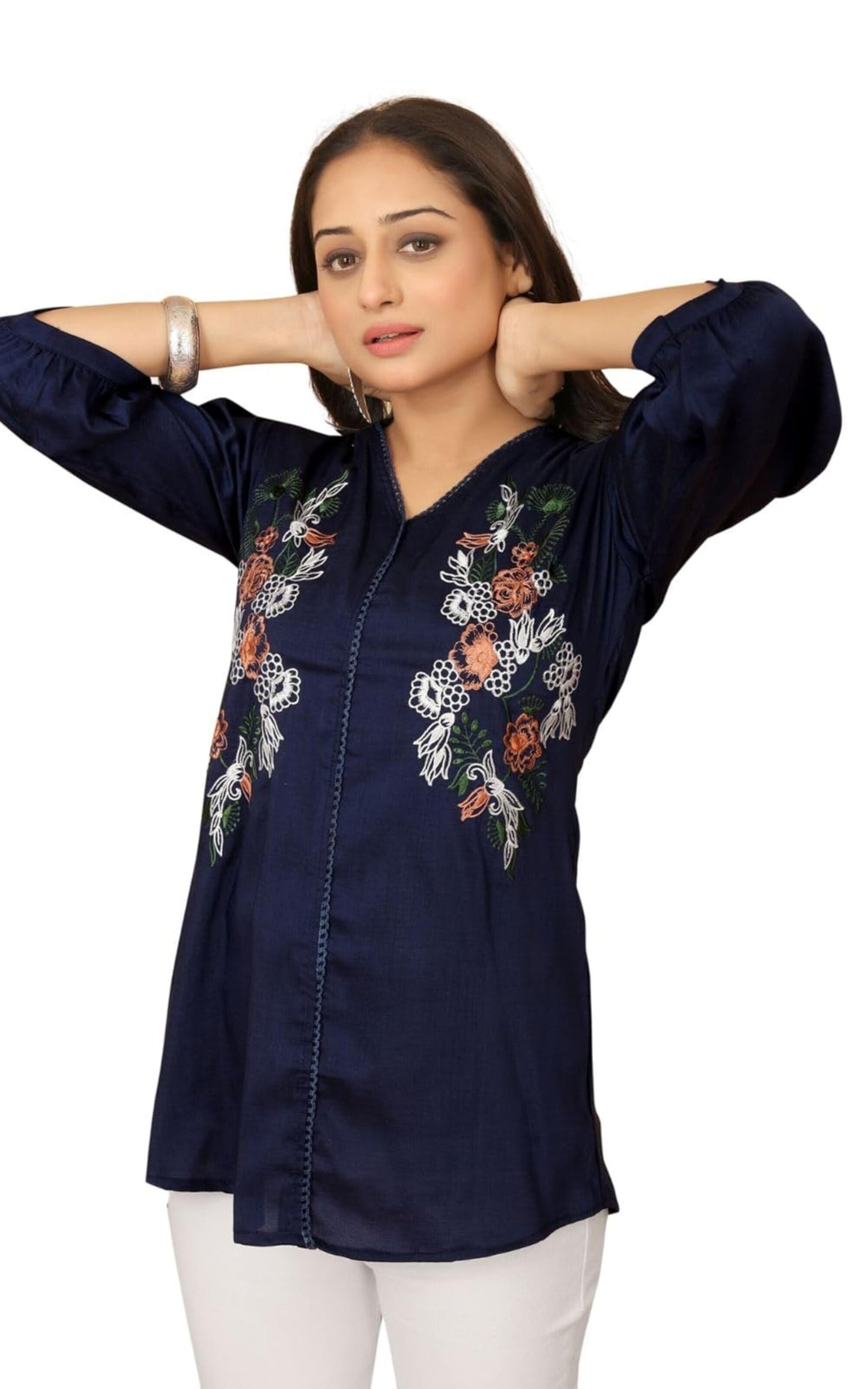 WomenS Embroidered V-Neck Tunic Top | Voscos Rayon 3/4 Balloon Sleeves Tunic For WomenS | Floral Design Casual Wear Top (In, A