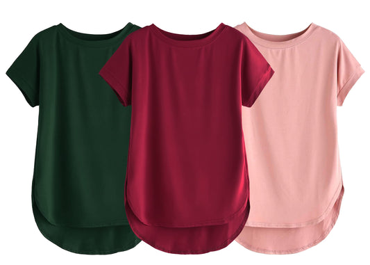 Fabricorn Combo Of Three Plain Maroon, Bottle Green And Dusty Rose Round Neck Up And Down Cotton Tshirt For Women (Maroon, Bottl
