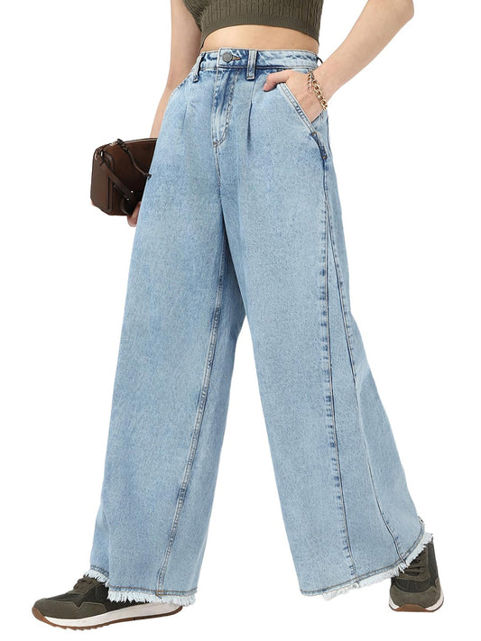 Bewakoof Womens Solid Flared Cotton Jeans_662165_Blue_30