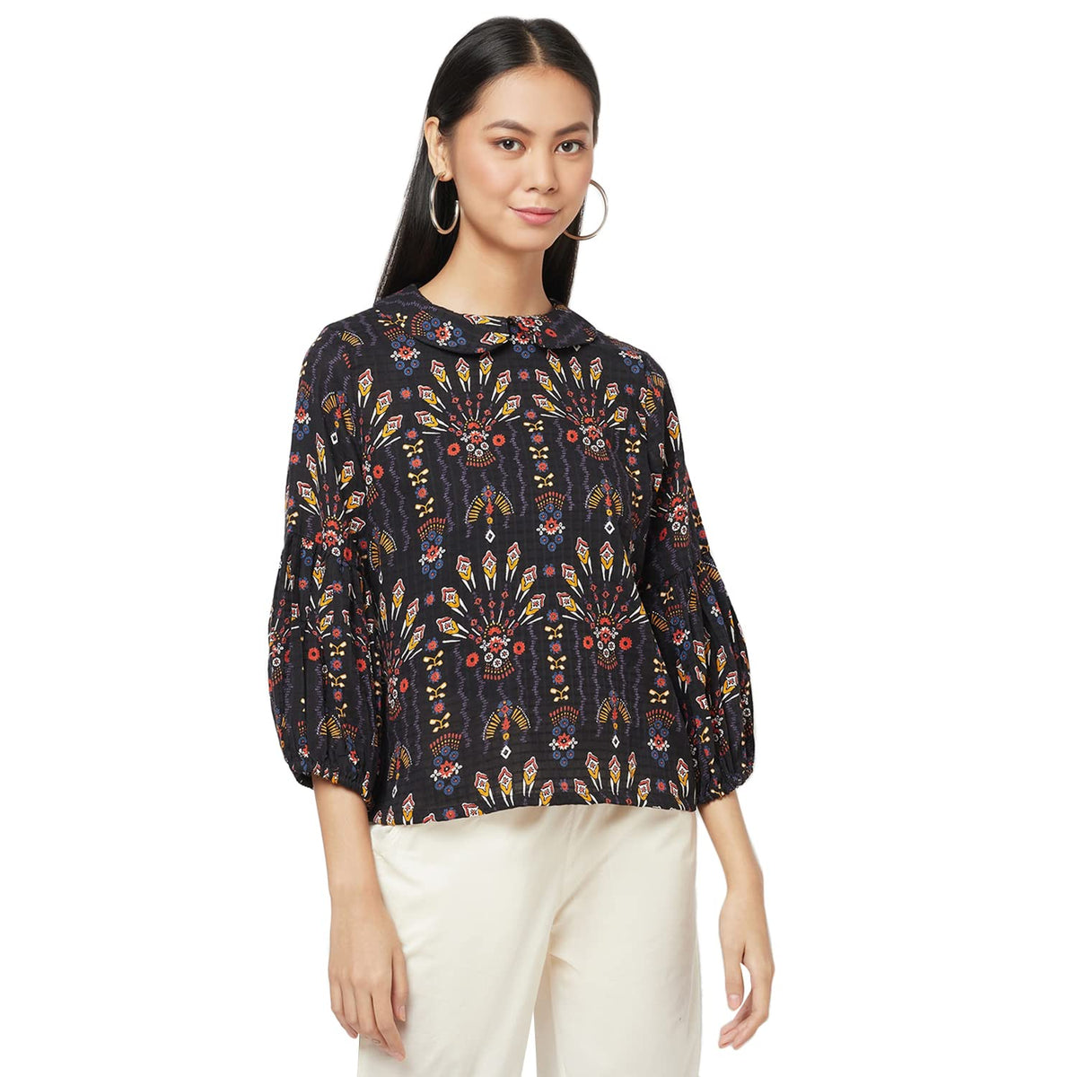 Fabindia Women Dobby Printed Top Cotton_S