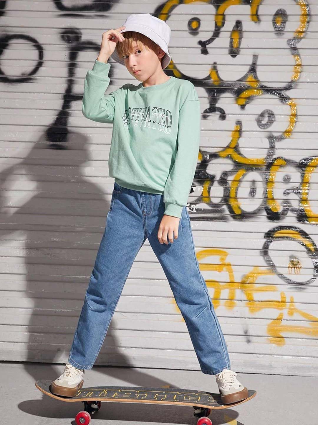 Kotty Boys Regular Fit Cotton Lycra Blend Solid Jeans Sky Blue