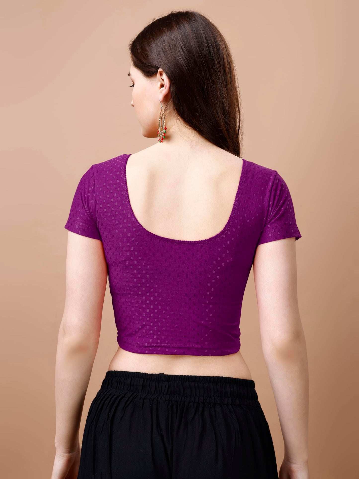 Pujia Mills Womens Readymade Dobby Cotton Lycra Stretchable Round Neck Short Sleeve Blouse Fancy Wine Color Lycra Stretchable B