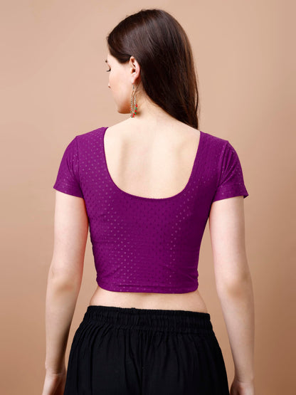 Pujia Mills Womens Readymade Dobby Cotton Lycra Stretchable Round Neck Short Sleeve Blouse Fancy Wine Color Lycra Stretchable B