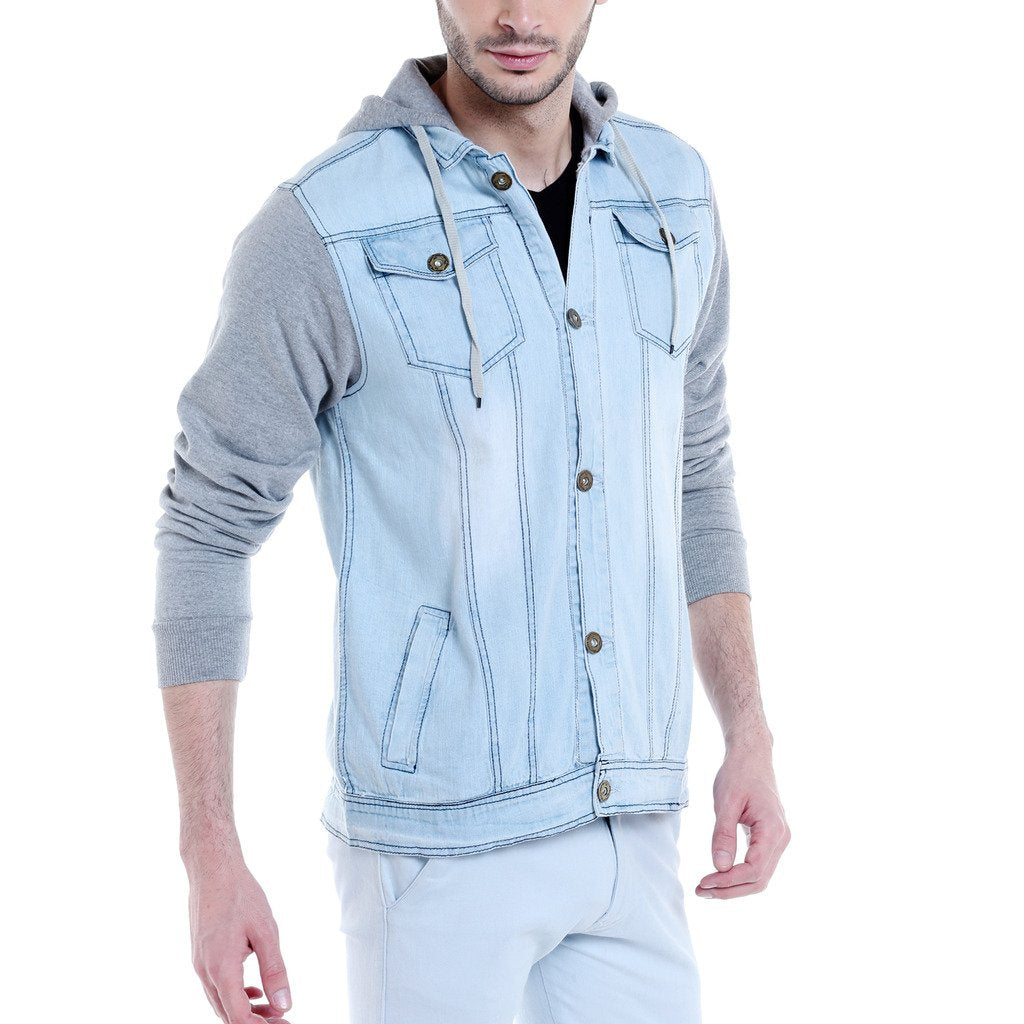 Campus Sutra Mens Light-Washed Blue & Black Regular Fit Denim Jacket for Winter Wear | Hooded Collar | Full Sleeve | Buttoned |