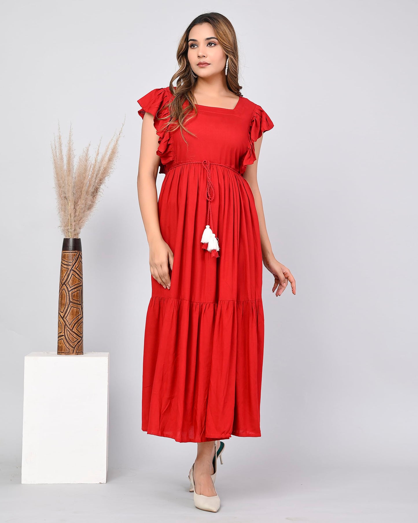 Digital Shopee Western Dress For Women Viscose Rayon Solid Long Puff Sleeves Fit & Flared Dress Square Neck One Piece Solid Pack
