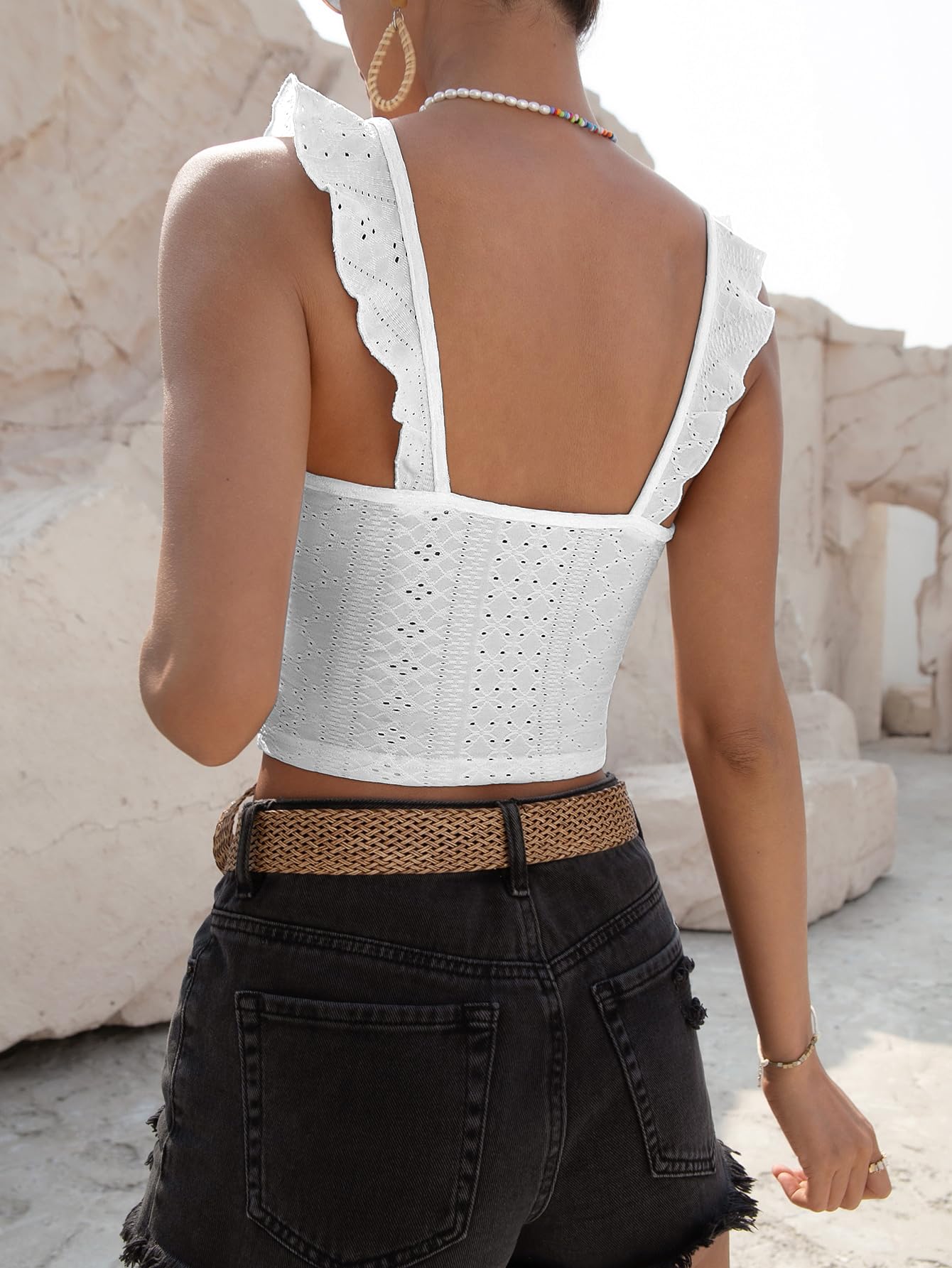 Sugathari Girls & Womens White Eyelet Embroidery Knitted Scoop Neck Casual Slim Fit Women T-Shirt, Sleeveless Schiffli Crop To