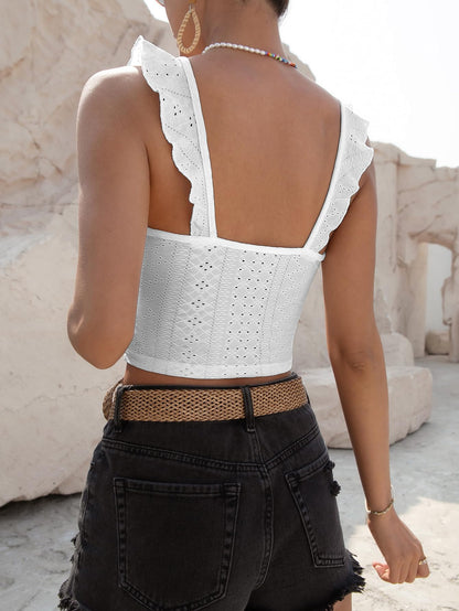 Sugathari Girls & Womens White Eyelet Embroidery Knitted Scoop Neck Casual Slim Fit Women T-Shirt, Sleeveless Schiffli Crop To
