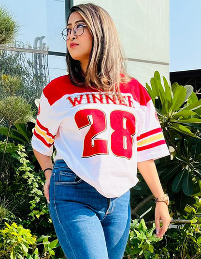 Juneberry Oversized Loose Fit Drop Shoulder Printed Sports Jersey T-Shirt For Women/Girls Red