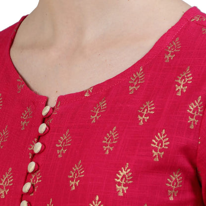 ishin Women's Cotton Anarkali Embellished Gotta Patti Ethnic Motifs Print Pink Kurti with Dupatta & Jacket