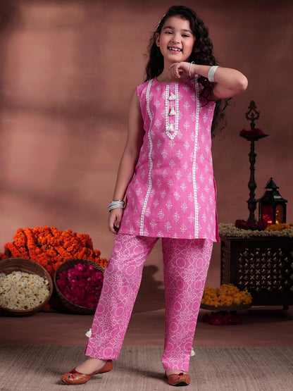 Libas Kids Womens Printed Cotton Straight Kurta With Trousers