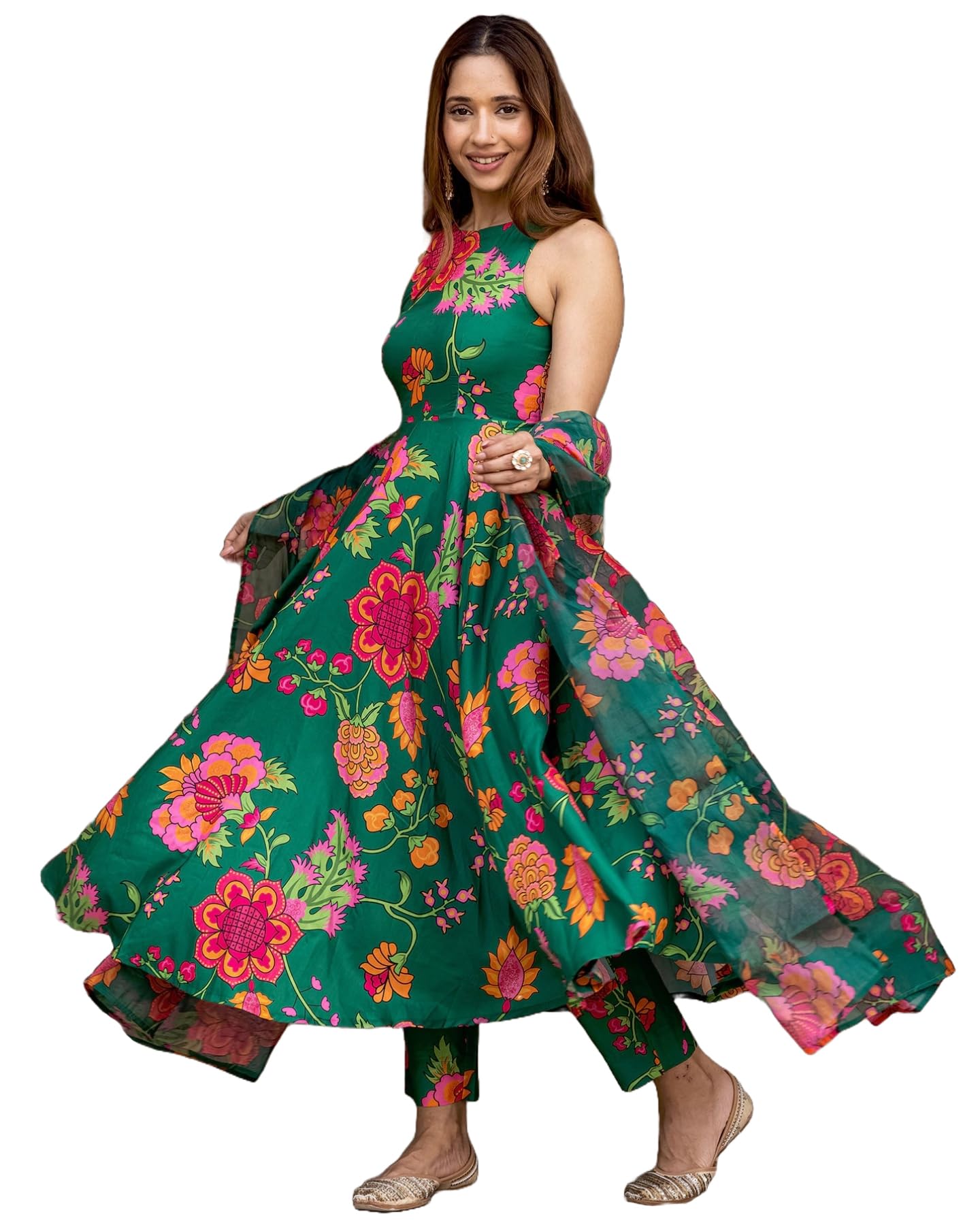 Gosriki WomenS Cotton Blend Printed Anarkali Kurta With Pant & Dupatta (Tanujashri Green-Gs_L_Green_Large)