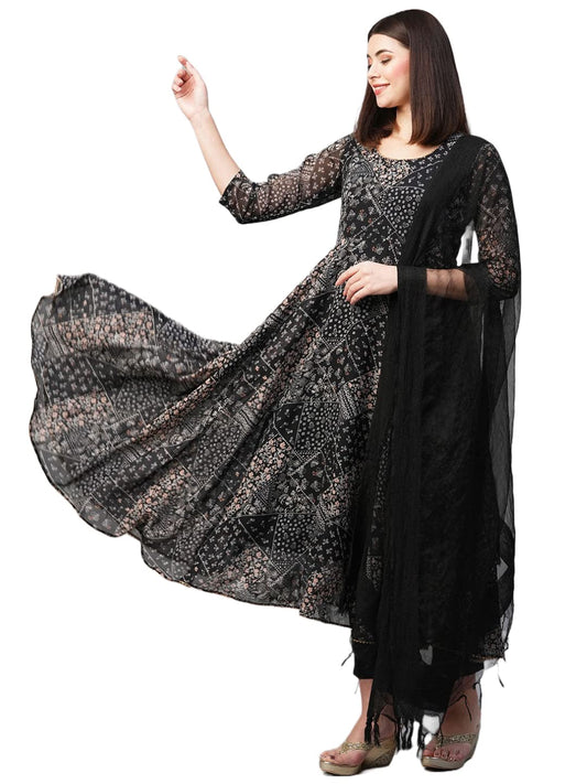 ANNI DESIGNER Womens Georgette Floral Straight Kurta with Pant & Dupatta (Tavani Black