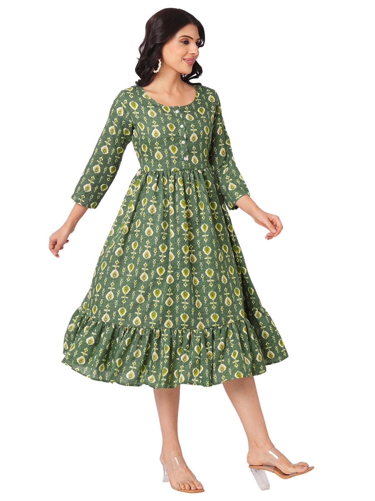 Selvia Western Dress For Women|Cotton Blend Dress For Women|Fit & Flare Dress|Foil Printed Dress For Women|One Piece Dress For W