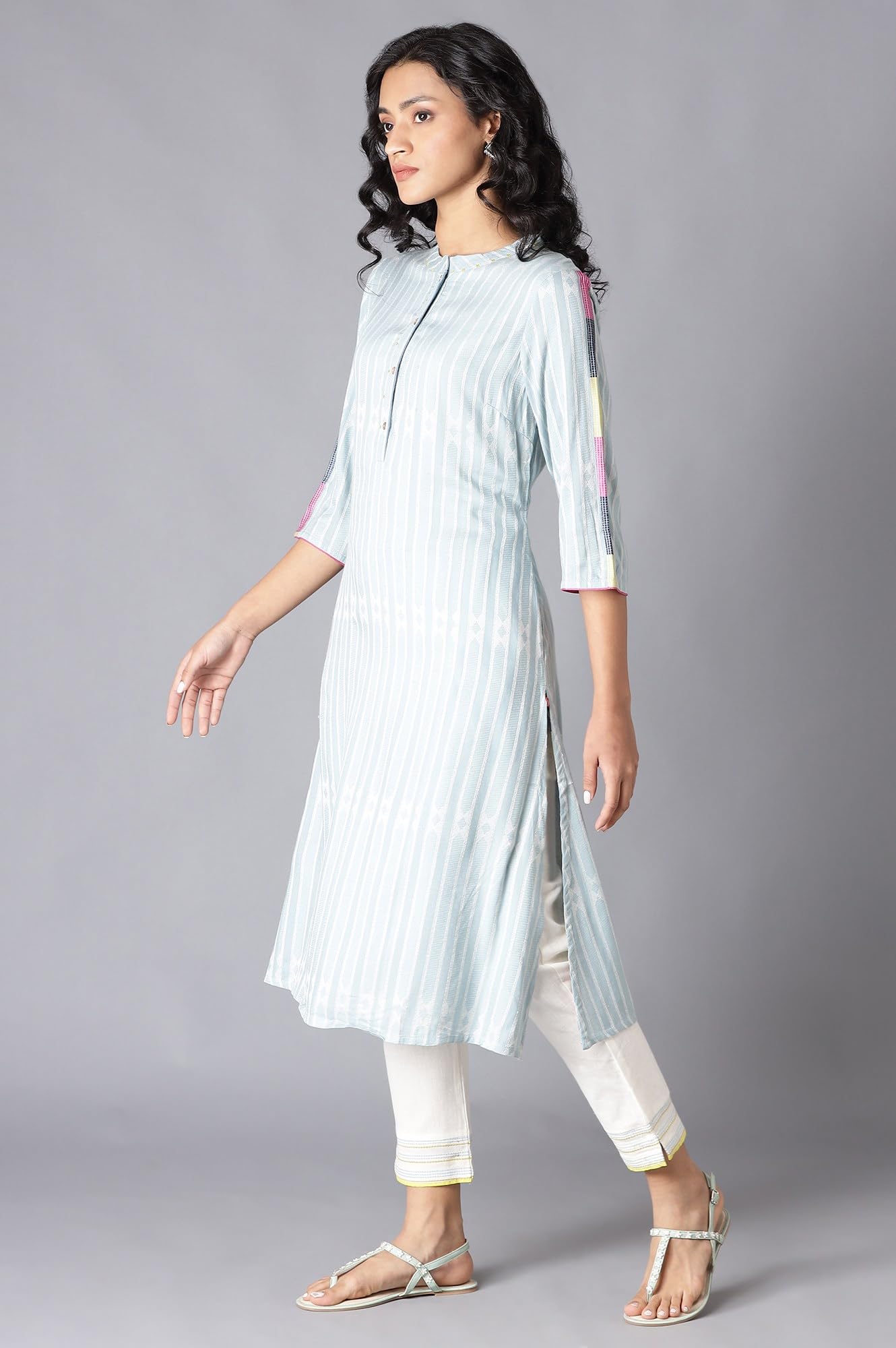 W For Woman Light Blue Vertical Striped Straight-Long Kurta