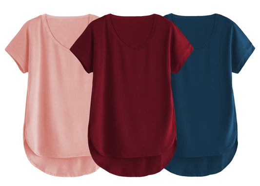 Fabricorn Combo Of Three Plain Maroon, Dusty Rose And Airforce Blue V-Neck Up And Down Cotton Tshirt For Women (Maroon, Dusty Ro